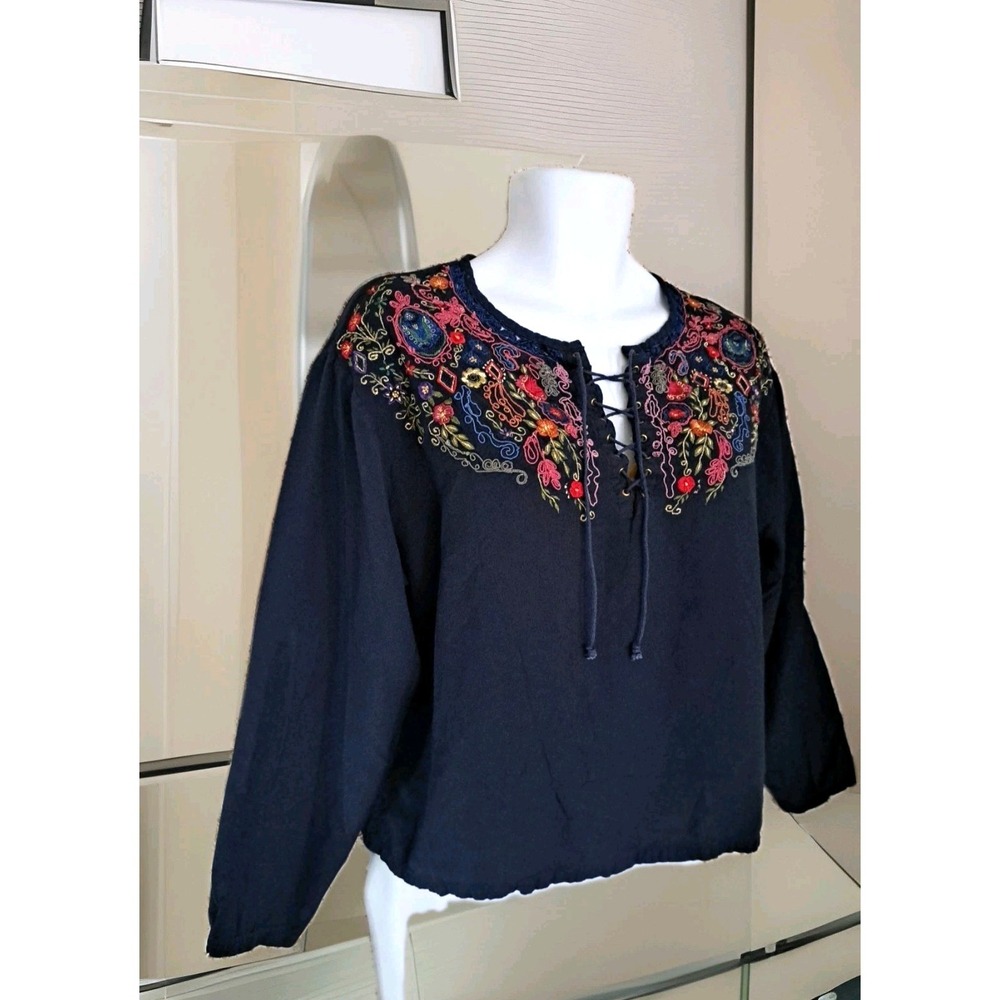 Together‎ Popover Top XL Navy Embroidered Laced Up Front Peasant Cottage Boho